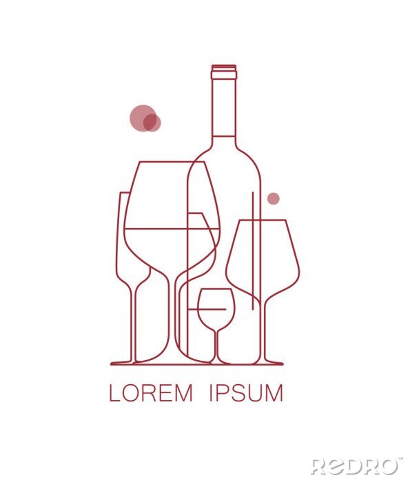 Sticker Pictogram, logo voor wijnkaart, proeverij, restaurantmenu. Een set wijnglazen en een fles wijn. Moderne lineaire stijl. Vector illustratie.