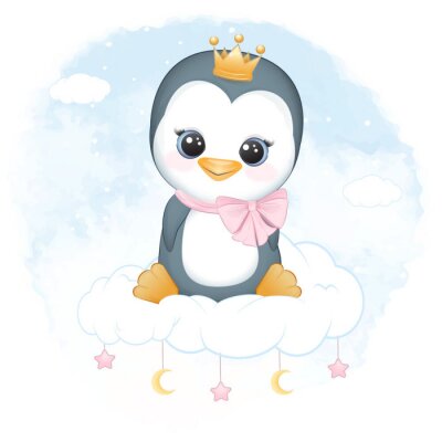 Sticker Pinguïn met een kroon zittend op een wolk