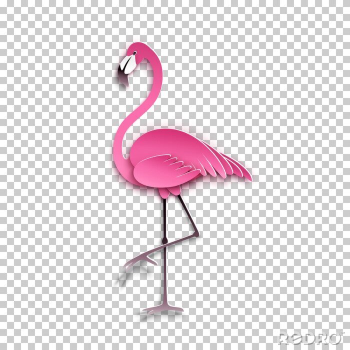 Sticker Pink flamingo standing on one leg. African exotic bird, cool sticker for birthday cards, party invitations, for tropical design element. Summer decoration, paper cut out style, vector illustration