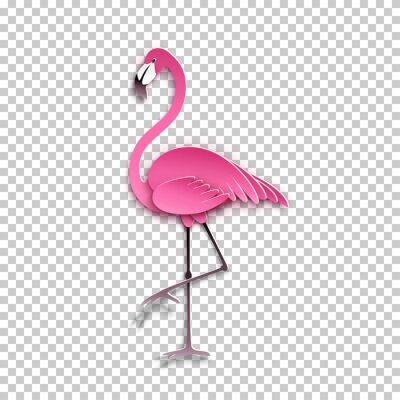 Sticker Pink flamingo standing on one leg. African exotic bird, cool sticker for birthday cards, party invitations, for tropical design element. Summer decoration, paper cut out style, vector illustration