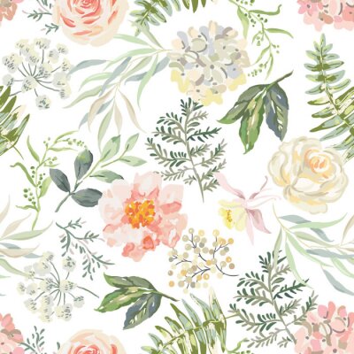 Behang Pioenrozen omgeven door bloemen en bladeren