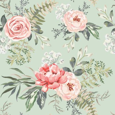 Behang Pioenrozen rozen en varens aquarel schilderij