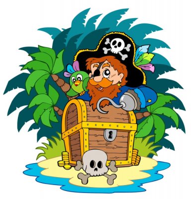 Sticker Piraat met schatkist kinderillustratie