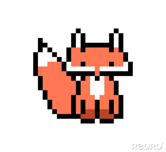 Sticker Pixel kunst fox karakter geïsoleerd op een witte achtergrond. Dieren in het wild / dierentuin / bos dier pictogram. Schattig 8-bits logo. Retro vintage jaren 80; Grafiek van 90 gokautomaten / videogam
