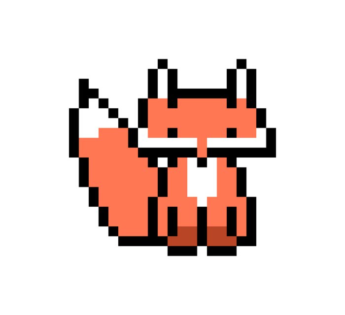 Sticker Pixel kunst fox karakter geïsoleerd op een witte achtergrond. Dieren in het wild / dierentuin / bos dier pictogram. Schattig 8-bits logo. Retro vintage jaren 80; Grafiek van 90 gokautomaten / videogam