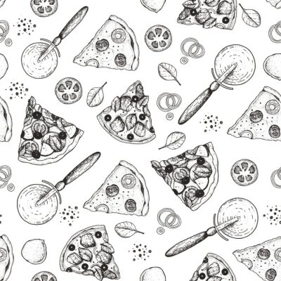 Pizza plakjes en ingrediënten geschetst op een witte achtergrond