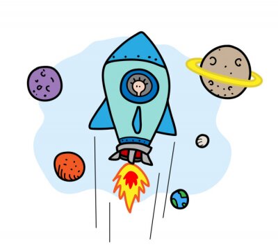 Sticker Planeten van het zonnestelsel en vliegende raket