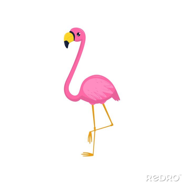 Sticker Platte vector pictogram van flamingo. Tropische vogel met roze verenkleed en lange benen en nek. Element voor ansichtkaart, promobanner of flyer