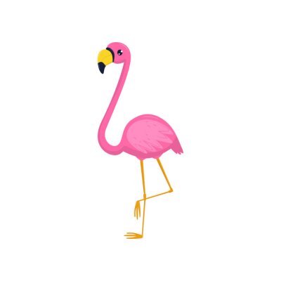 Sticker Platte vector pictogram van flamingo. Tropische vogel met roze verenkleed en lange benen en nek. Element voor ansichtkaart, promobanner of flyer