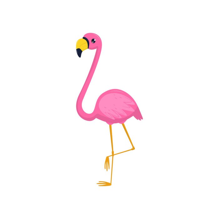 Sticker Platte vector pictogram van flamingo. Tropische vogel met roze verenkleed en lange benen en nek. Element voor ansichtkaart, promobanner of flyer