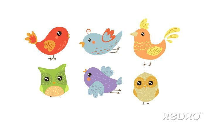 Sticker Platte vector set van kleurrijke vogeltjes. Mooie wezens met kleine vleugels. Fauna thema