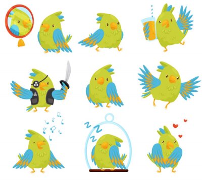 Sticker Platte vector set van papegaai in verschillende situaties. Leuke vogel met felgroene en blauwe veren. Grappig stripfiguur