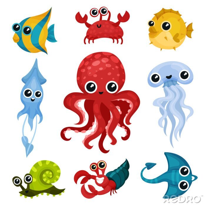 Sticker Platte vector set van verschillende oceaan dieren. Mariene wezens met glanzende ogen. Vis, octopus, zeeslak, kwallen, inktvis, krab