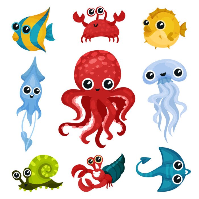 Sticker Platte vector set van verschillende oceaan dieren. Mariene wezens met glanzende ogen. Vis, octopus, zeeslak, kwallen, inktvis, krab