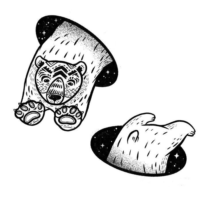 Sticker Polar bear in magic teleport. Linear black and white drawing. Ideal for coloring print