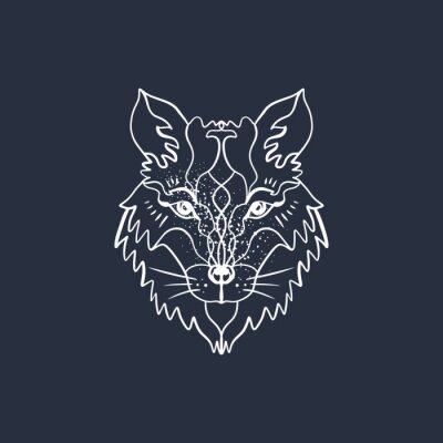 Sticker Polar white wolf faae outline. Boho tribal style. Line ethnic ornaments