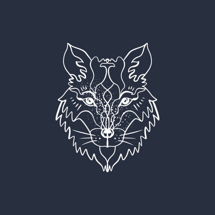 Sticker Polar white wolf faae outline. Boho tribal style. Line ethnic ornaments