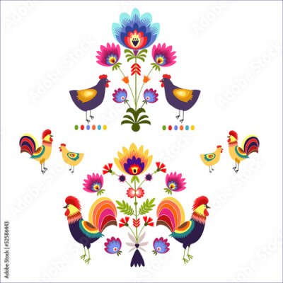 Poster Polskie wzory z Kurami i kogutami