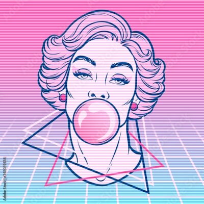 Sticker Popart afbeelding van een vrouw met kauwgom
