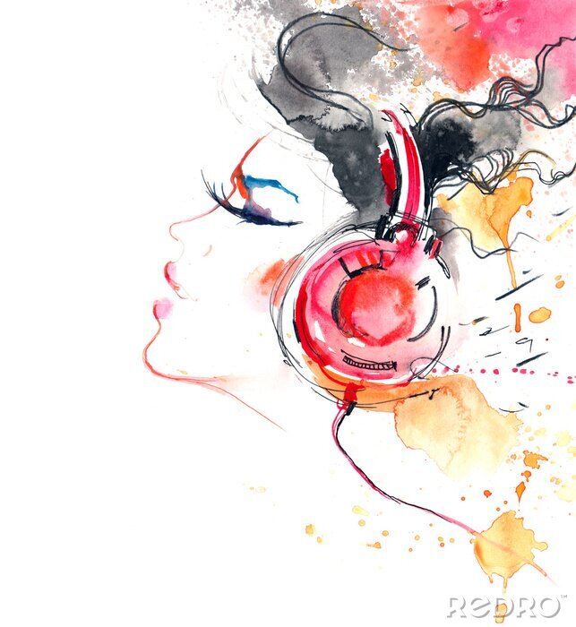 Sticker Portret van een vrouw die naar muziek luistert
