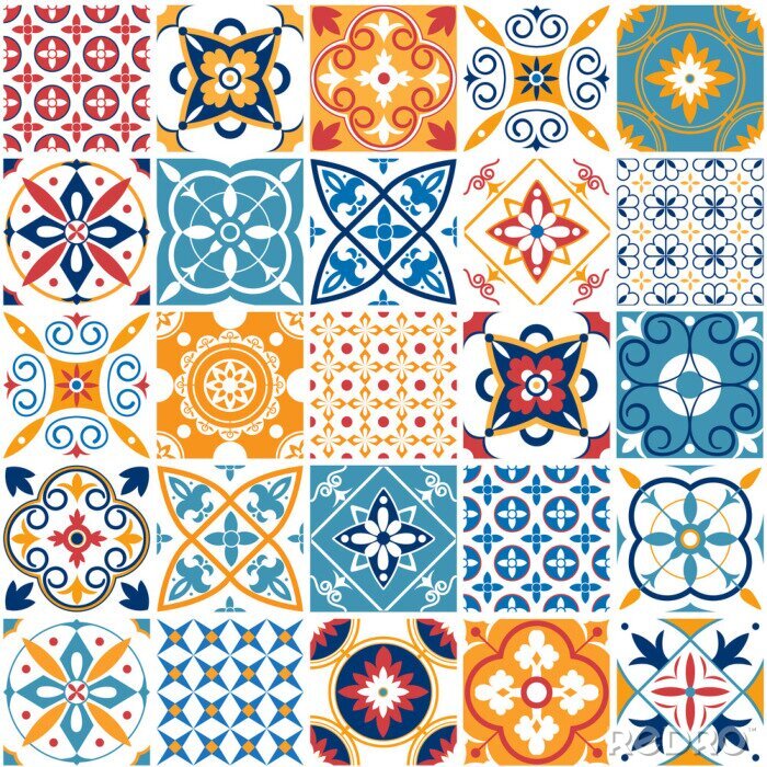 Sticker Portugal naadloze patroon. Uitstekende mediterrane keramische tegeltextuur. Geometrische tegelspatronen en vectorreeks van de muurdruktexturen