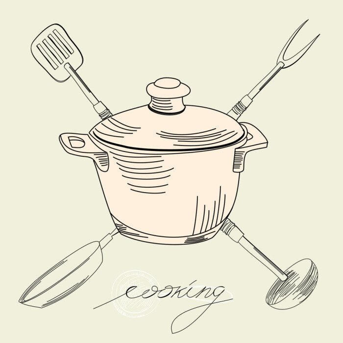 Sticker Pot op de achtergrond van gekruiste keukenaccessoires