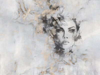 Prachtig portret van een vrouw op beton met gouden elementen