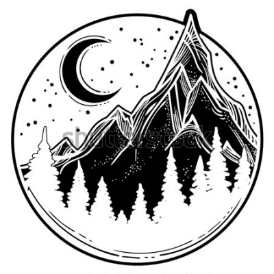 Sticker Prachtige vectorillustratie met natuur landschap - bergen, dennenbos, sterren, maan. Tattoo kunst. Oneindige ruimte, meditatiesymbolen, reizen, toerisme.