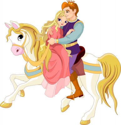 Sticker Prins en prinses op een wit paard