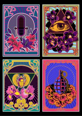 Psychedelic Posters 1960s Hippie Art Style, Microphone, Eye in Triangle, Egyptian Scarab, Grenade, Flowers Psychedelic Colors, Art Nouveau Frames