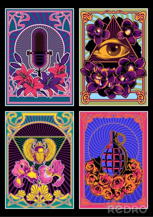 Sticker Psychedelic Posters 1960s Hippie Art Style, Microphone, Eye in Triangle, Egyptian Scarab, Grenade, Flowers Psychedelic Colors, Art Nouveau Frames