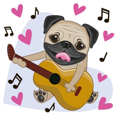 Sticker Pug Hond met gitaar