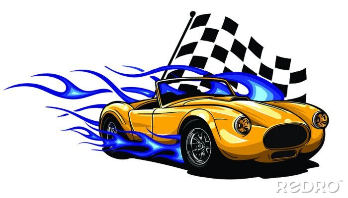 Sticker Racing graphics met een gele retro auto