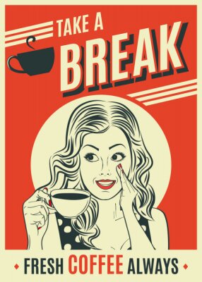 Sticker reclame koffie retro poster met pop-art vrouw