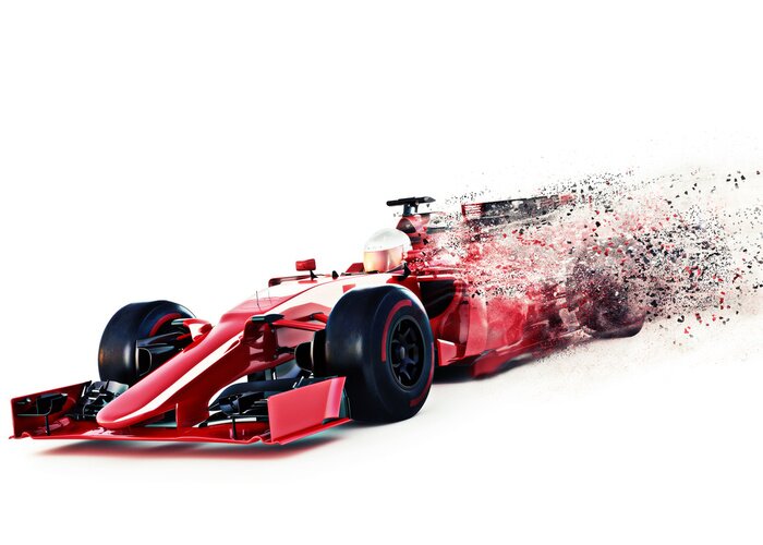 Sticker Red motorsport raceauto voorzijde schuin oog te hard rijden op een witte achtergrond met een snelheid dispersie effect. 3D-rendering