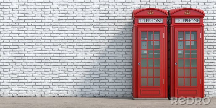 Sticker Red phone booth on brick wall background. London, british and english symbol.