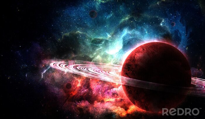 Sticker red planet from space and bright color nebula in the night sky, abstract space illustration