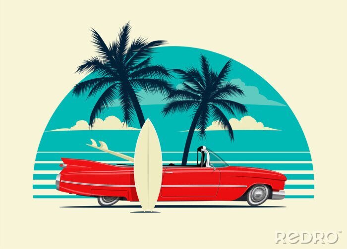Sticker Red retro roadster car with surfing boards on the beach with palm silhouettes on background. Summer time themed vector illustration for poster or card or t-shirt or sticker design.