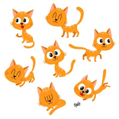 Sticker Reeks leuke en grappige rode kat karakter met verschillende emoties, spelen, slapen, zitten, staan, cartoon vector illustratie op een witte achtergrond. De leuke en grappige rode kat karakter