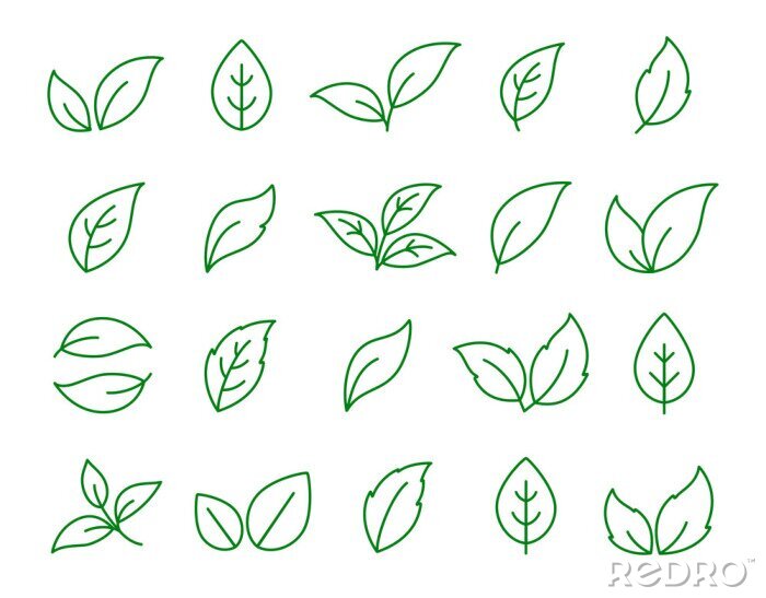 Sticker reeks lineaire groene bladpictogrammen op wit