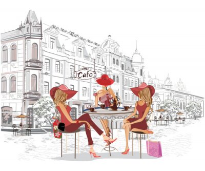Reeks straatkoffie met mensen, mannen en vrouwen, in de oude stad, vectorillustratie. Obers dienen de tafels.