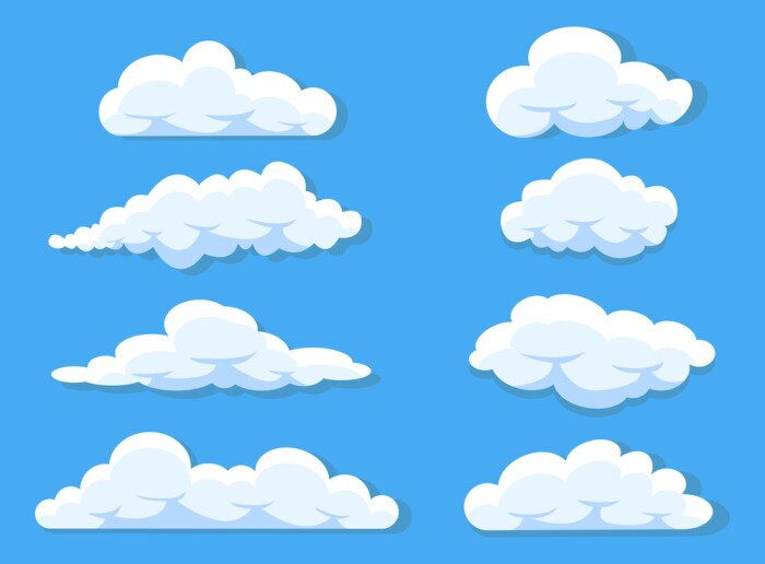 Sticker Reeks tekenfilmwolken op blauwe achtergrond