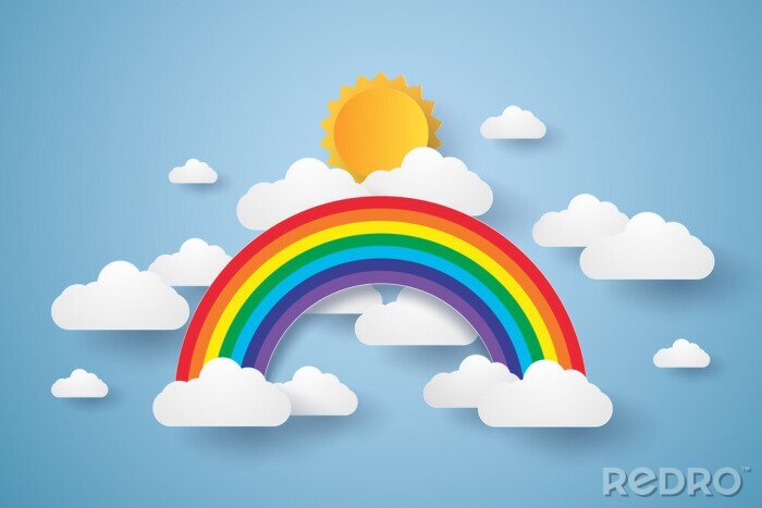 Sticker Regenboog op de achtergrond van een blauwe hemel met wolken en zon