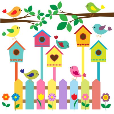 Sticker Regenboog vogelhuisjes over het hek