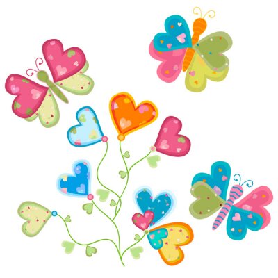 Sticker Regenboogbloemen en hartvormige vlinders