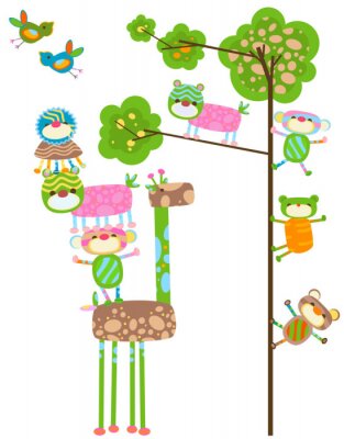 Sticker Regenbooggiraf en dieren op de boom