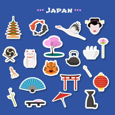 Sticker Reis naar Japan vector icons set