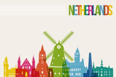 Sticker Reizen Nederland bestemming oriëntatiepunten skyline achtergrond