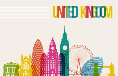 Sticker Reizen Verenigd Koninkrijk bestemming oriëntatiepunten skyline achtergrond