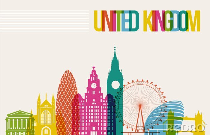 Sticker Reizen Verenigd Koninkrijk bestemming oriëntatiepunten skyline achtergrond